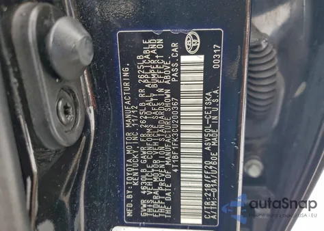 2012 Toyota Camry Base z USA, uszkodzony, nr VIN 4T1BF1FK3CU200367